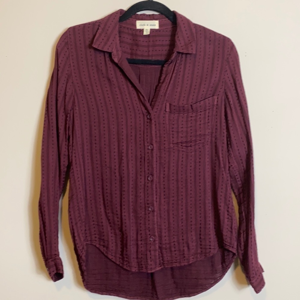 Anthropologie Cloth & Stone Tulane Button Down Shirt Burgundy and Black size XS - Picture 3 of 6